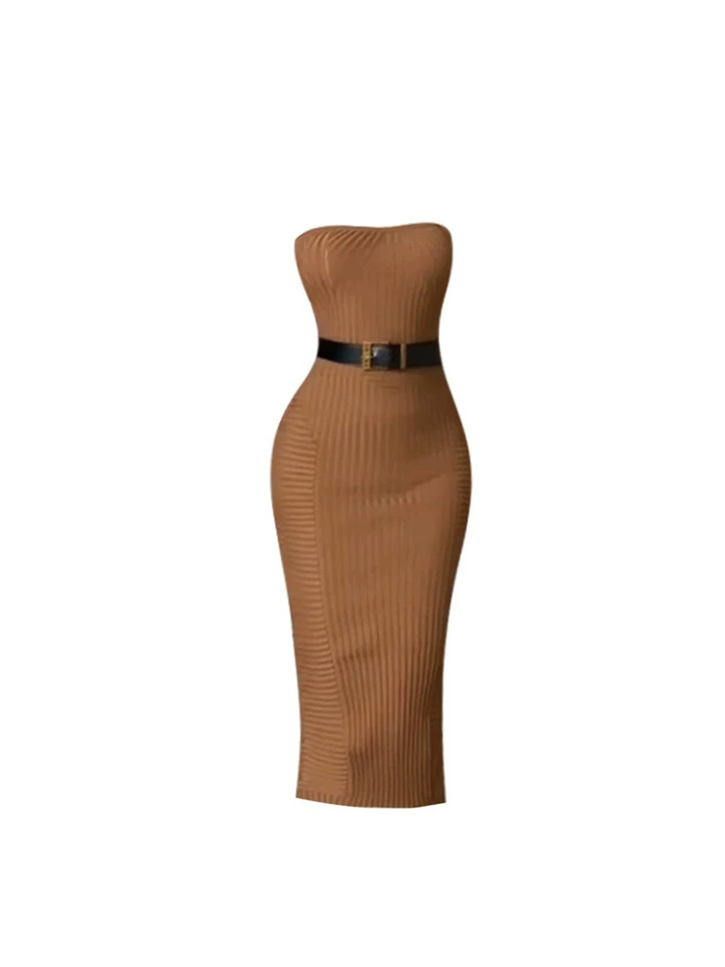 Avant-Garde Strapless Ribbed Bodycon Midi Dress Trendy Black Gold Buckle Wide Belt Tan Long Dress AP5676