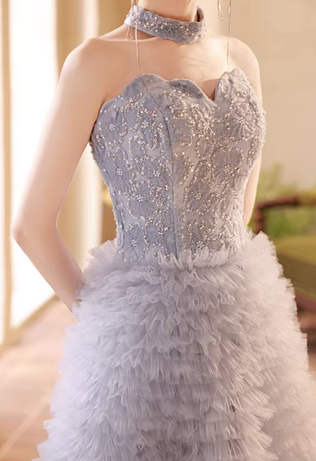 Eye-Catching Strapless A-Line Floral Sweet 16th Gowns Sequins Beading Ruffles Tulle Prom Dress AP5677