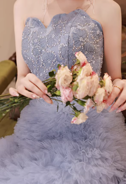 Eye-Catching Strapless A-Line Floral Sweet 16th Gowns Sequins Beading Ruffles Tulle Prom Dress AP5677