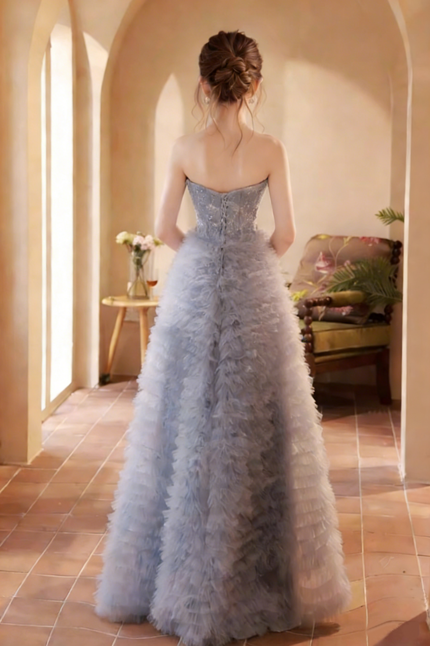 Eye-Catching Strapless A-Line Floral Sweet 16th Gowns Sequins Beading Ruffles Tulle Prom Dress AP5677