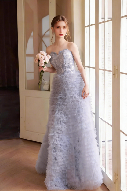 Eye-Catching Strapless A-Line Floral Sweet 16th Gowns Sequins Beading Ruffles Tulle Prom Dress AP5677