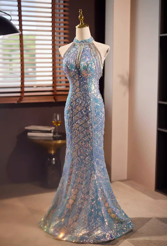Fresh Cutout Halter Neck Formal Mermaid Dresses Beading Sequins Prom Dress AP5678