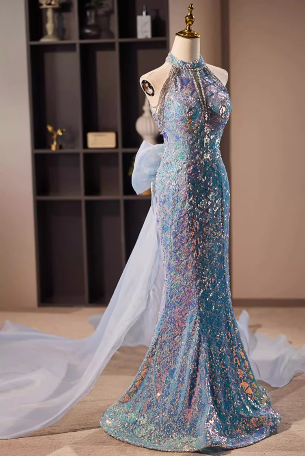 Fresh Cutout Halter Neck Formal Mermaid Dresses Beading Sequins Prom Dress AP5678