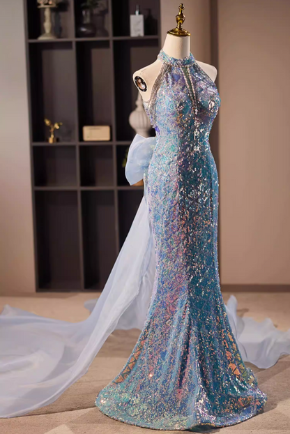 Fresh Cutout Halter Neck Formal Mermaid Dresses Beading Sequins Prom Dress AP5678