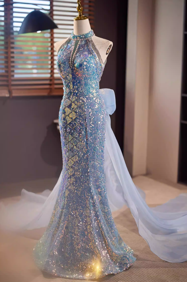Fresh Cutout Halter Neck Formal Mermaid Dresses Beading Sequins Prom Dress AP5678