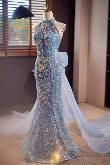 Fresh Cutout Halter Neck Formal Mermaid Dresses Beading Sequins Prom Dress AP5678