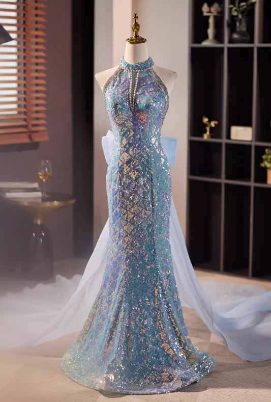 Fresh Cutout Halter Neck Formal Mermaid Dresses Beading Sequins Prom Dress AP5678