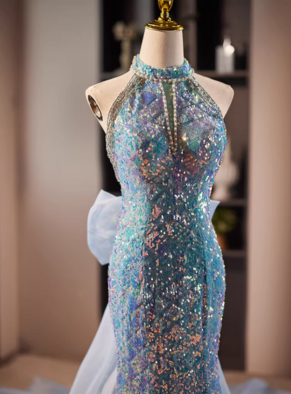 Fresh Cutout Halter Neck Formal Mermaid Dresses Beading Sequins Prom Dress AP5678