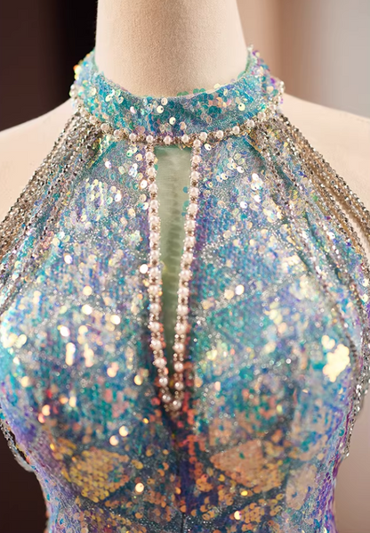 Fresh Cutout Halter Neck Formal Mermaid Dresses Beading Sequins Prom Dress AP5678