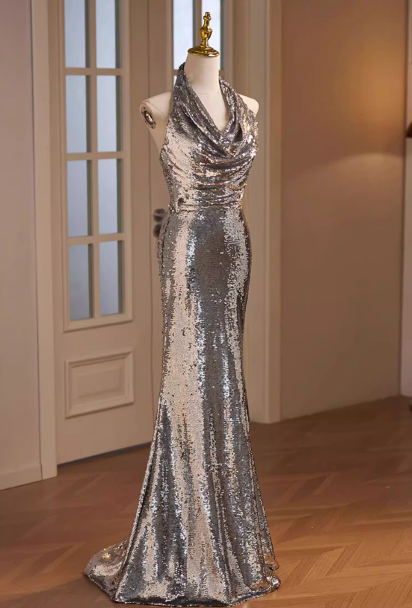 Sleek Halter Neck Draped Formal Mermaid Dresses Silver Sequins Prom Dress AP5679