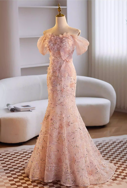 Dainty Off-Shoulder Floral Mermaid Sweet 16th Dresses Sequins Appliques Prom Dress AP5680