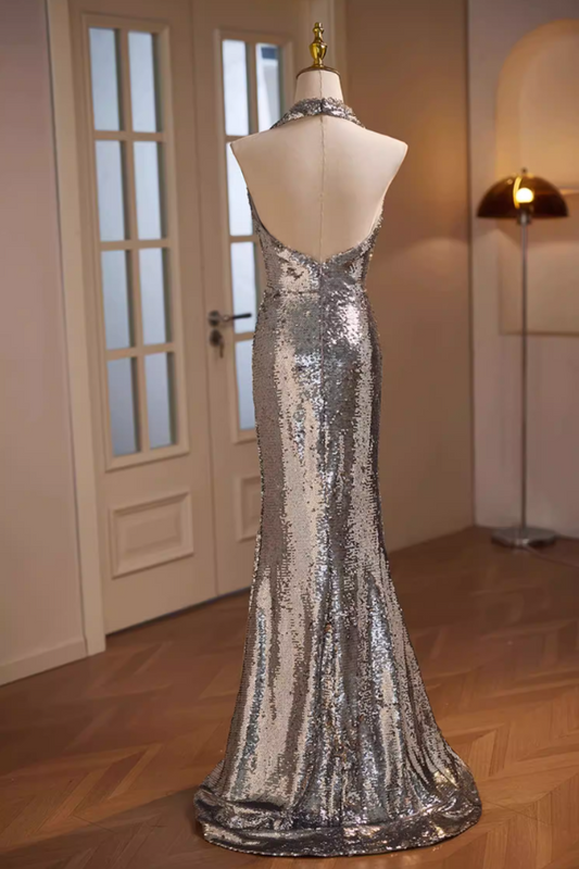 Sleek Halter Neck Draped Formal Mermaid Dresses Silver Sequins Prom Dress AP5679