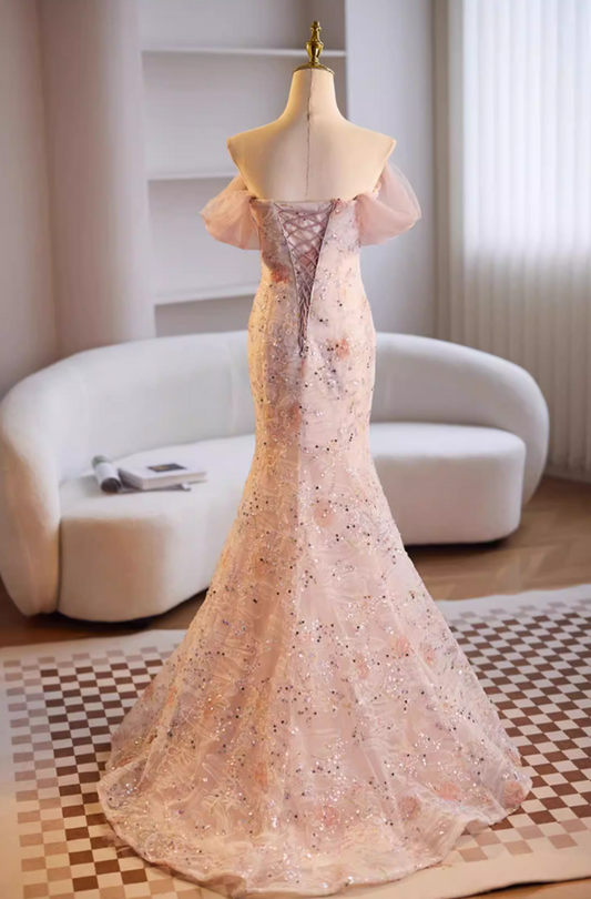 Dainty Off-Shoulder Floral Mermaid Sweet 16th Dresses Sequins Appliques Prom Dress AP5680