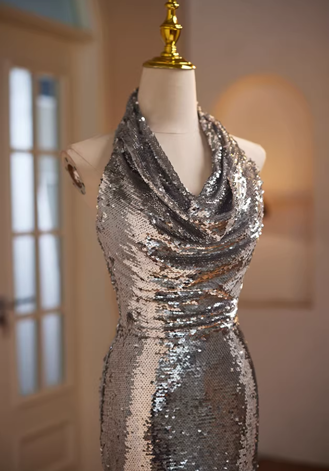 Sleek Halter Neck Draped Formal Mermaid Dresses Silver Sequins Prom Dress AP5679