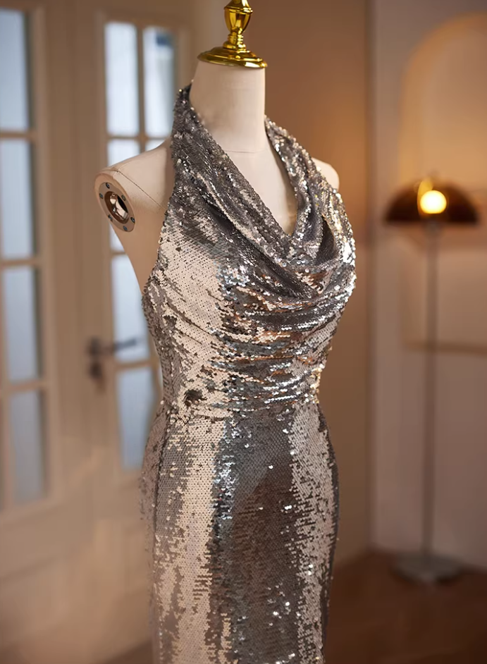 Sleek Halter Neck Draped Formal Mermaid Dresses Silver Sequins Prom Dress AP5679