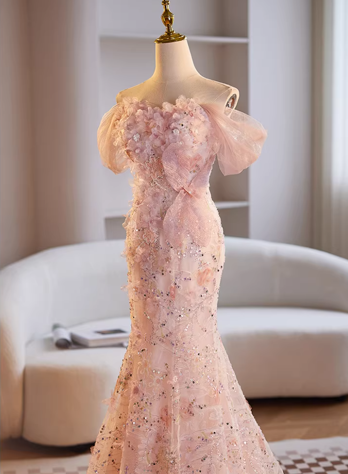 Dainty Off-Shoulder Floral Mermaid Sweet 16th Dresses Sequins Appliques Prom Dress AP5680