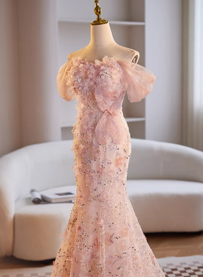Dainty Off-Shoulder Floral Mermaid Sweet 16th Dresses Sequins Appliques Prom Dress AP5680