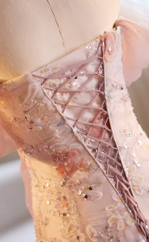 Dainty Off-Shoulder Floral Mermaid Sweet 16th Dresses Sequins Appliques Prom Dress AP5680