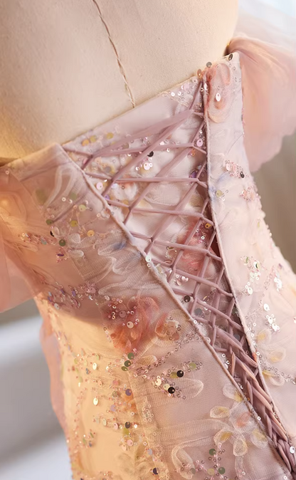 Dainty Off-Shoulder Floral Mermaid Sweet 16th Dresses Sequins Appliques Prom Dress AP5680