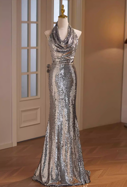 Sleek Halter Neck Draped Formal Mermaid Dresses Silver Sequins Prom Dress AP5679