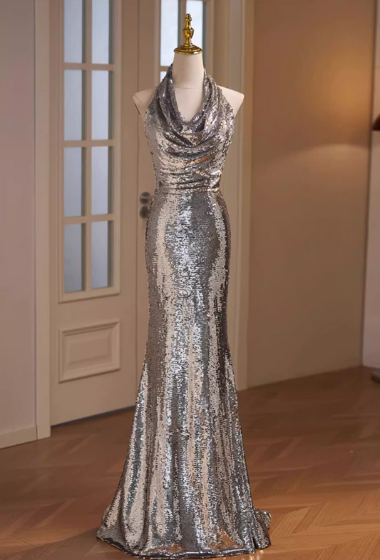 Sleek Halter Neck Draped Formal Mermaid Dresses Silver Sequins Prom Dress AP5679