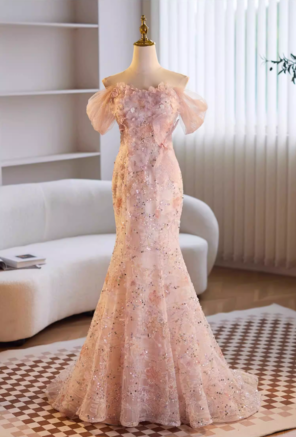 Dainty Off-Shoulder Floral Mermaid Sweet 16th Dresses Sequins Appliques Prom Dress AP5680