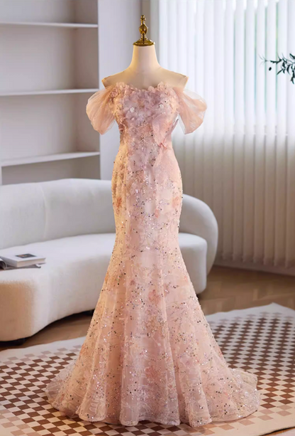 Dainty Off-Shoulder Floral Mermaid Sweet 16th Dresses Sequins Appliques Prom Dress AP5680