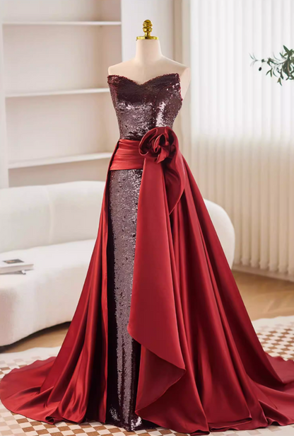 Romantic Strapless A-Line Satin Sweet 16th Gowns Handmade Flowers Sequins Prom Dress AP5681