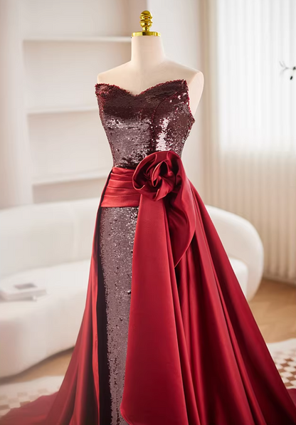 Romantic Strapless A-Line Satin Sweet 16th Gowns Handmade Flowers Sequins Prom Dress AP5681