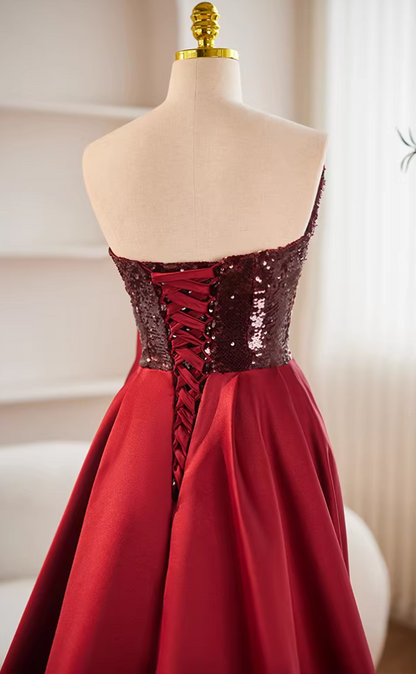 Romantic Strapless A-Line Satin Sweet 16th Gowns Handmade Flowers Sequins Prom Dress AP5681