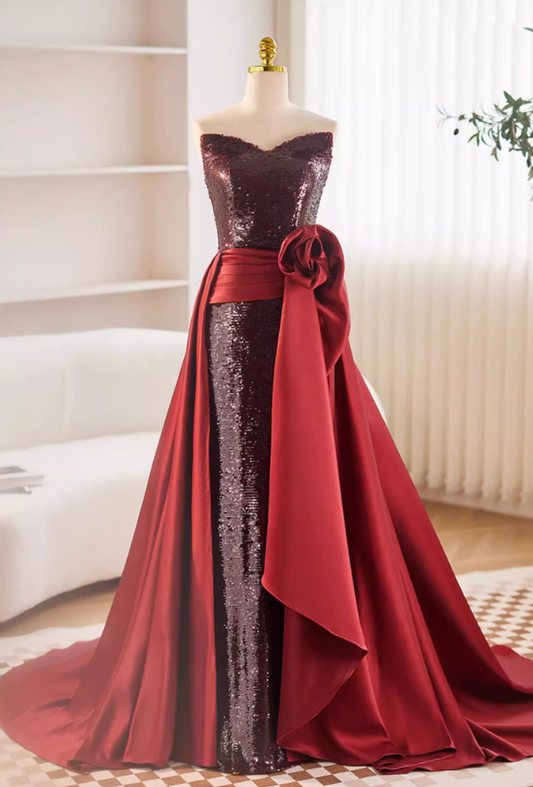 Romantic Strapless A-Line Satin Sweet 16th Gowns Handmade Flowers Sequins Prom Dress AP5681