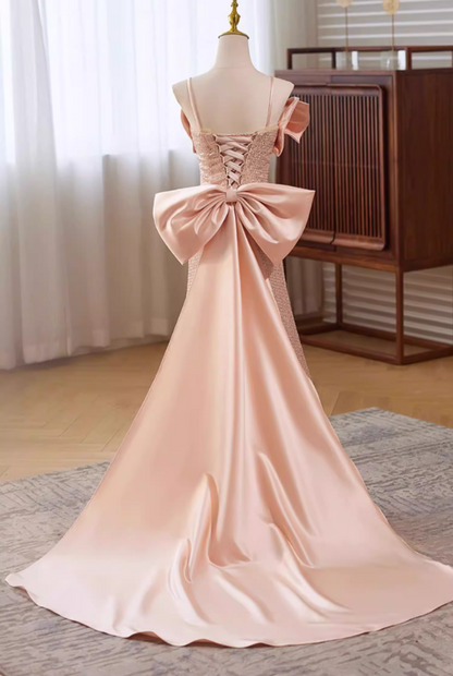 Ornate Spaghetti Straps Mermaid Evening Dresses Bow Train Sequins Prom Dress AP5682
