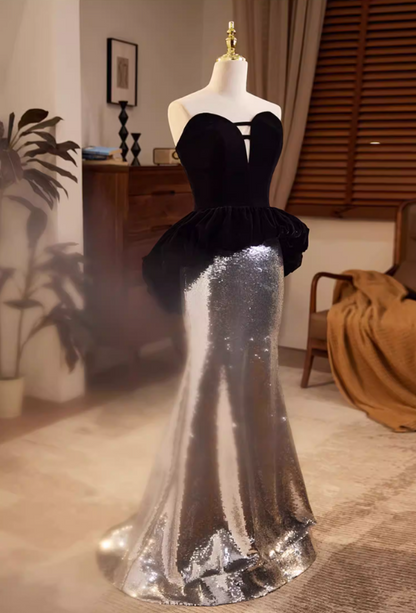 Chic Strapless Cutout Long Evening Mermaid Dress Ruffles Sequins Prom Dress AP5684