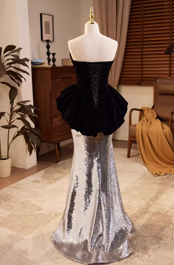 Chic Strapless Cutout Long Evening Mermaid Dress Ruffles Sequins Prom Dress AP5684