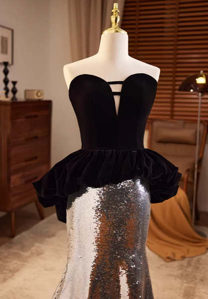 Chic Strapless Cutout Long Evening Mermaid Dress Ruffles Sequins Prom Dress AP5684