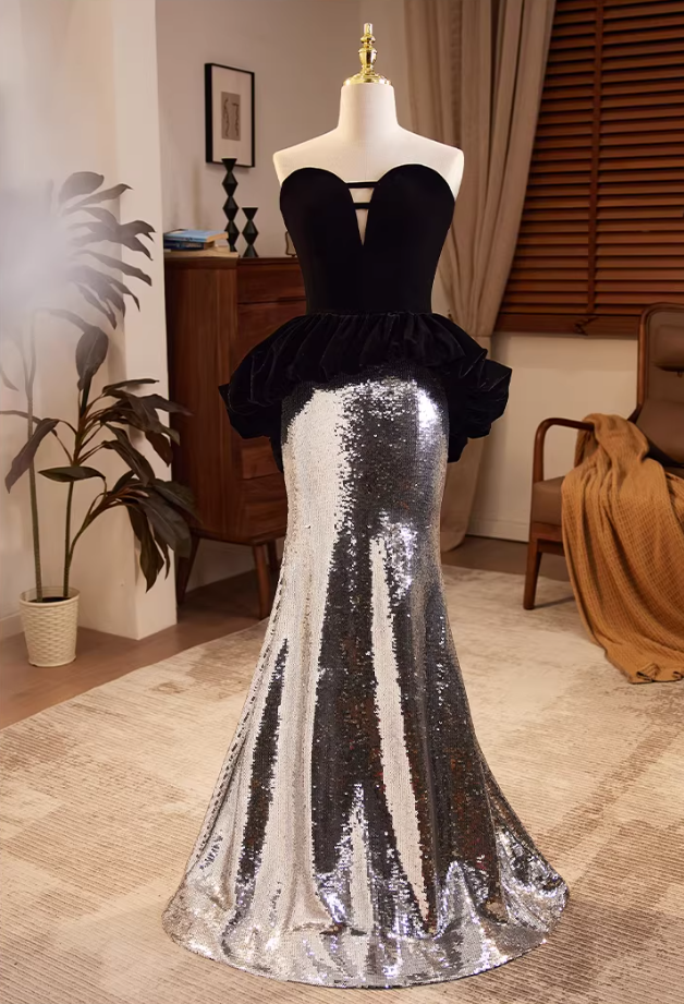 Chic Strapless Cutout Long Evening Mermaid Dress Ruffles Sequins Prom Dress AP5684
