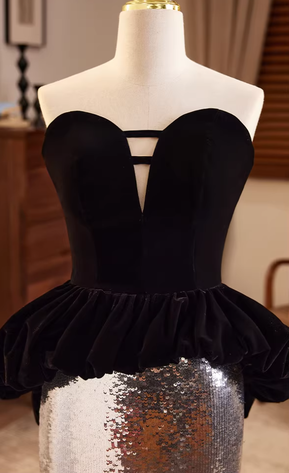 Chic Strapless Cutout Long Evening Mermaid Dress Ruffles Sequins Prom Dress AP5684