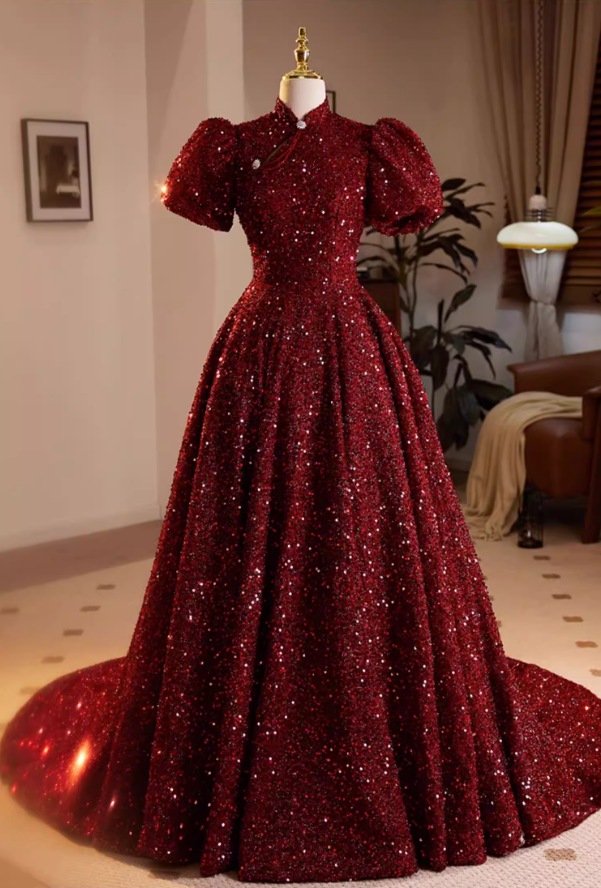 Luxury A-Line High-Sollar Sweet 16th Gowns Red Sequins Short Sleeve Prom Dress AP5687