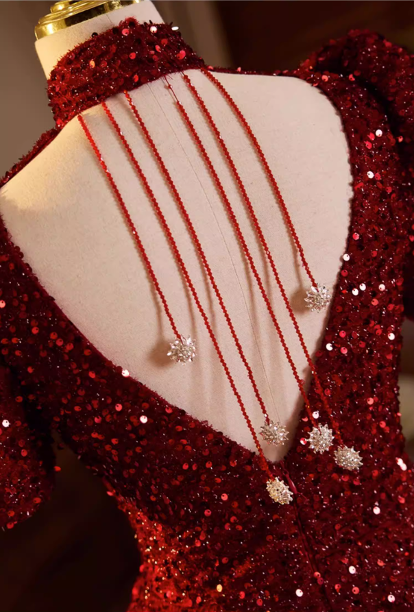 Luxury A-Line High-Sollar Sweet 16th Gowns Red Sequins Short Sleeve Prom Dress AP5687