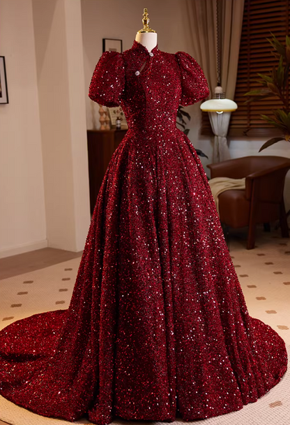 Luxury A-Line High-Sollar Sweet 16th Gowns Red Sequins Short Sleeve Prom Dress AP5687