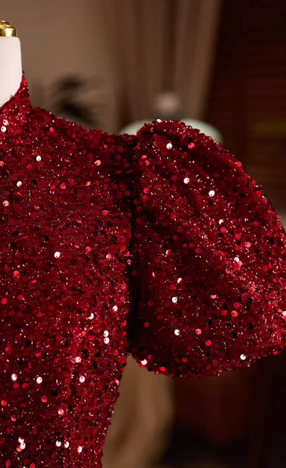 Luxury A-Line High-Sollar Sweet 16th Gowns Red Sequins Short Sleeve Prom Dress AP5687