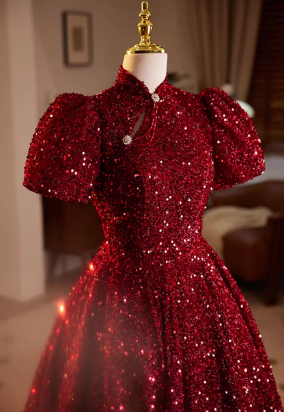 Luxury A-Line High-Sollar Sweet 16th Gowns Red Sequins Short Sleeve Prom Dress AP5687