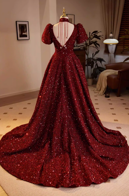 Luxury A-Line High-Sollar Sweet 16th Gowns Red Sequins Short Sleeve Prom Dress AP5687