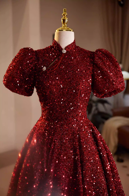 Luxury A-Line High-Sollar Sweet 16th Gowns Red Sequins Short Sleeve Prom Dress AP5687