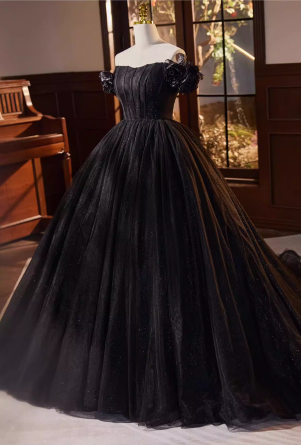 Fantastic A-Line Off-Shoulder Evening Gowns Handmade Flowers Black Tulle Prom Dress AP5687
