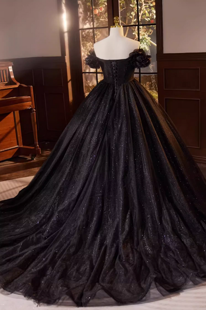 Fantastic A-Line Off-Shoulder Evening Gowns Handmade Flowers Black Tulle Prom Dress AP5687