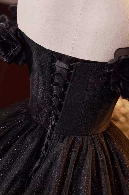 Fantastic A-Line Off-Shoulder Evening Gowns Handmade Flowers Black Tulle Prom Dress AP5687