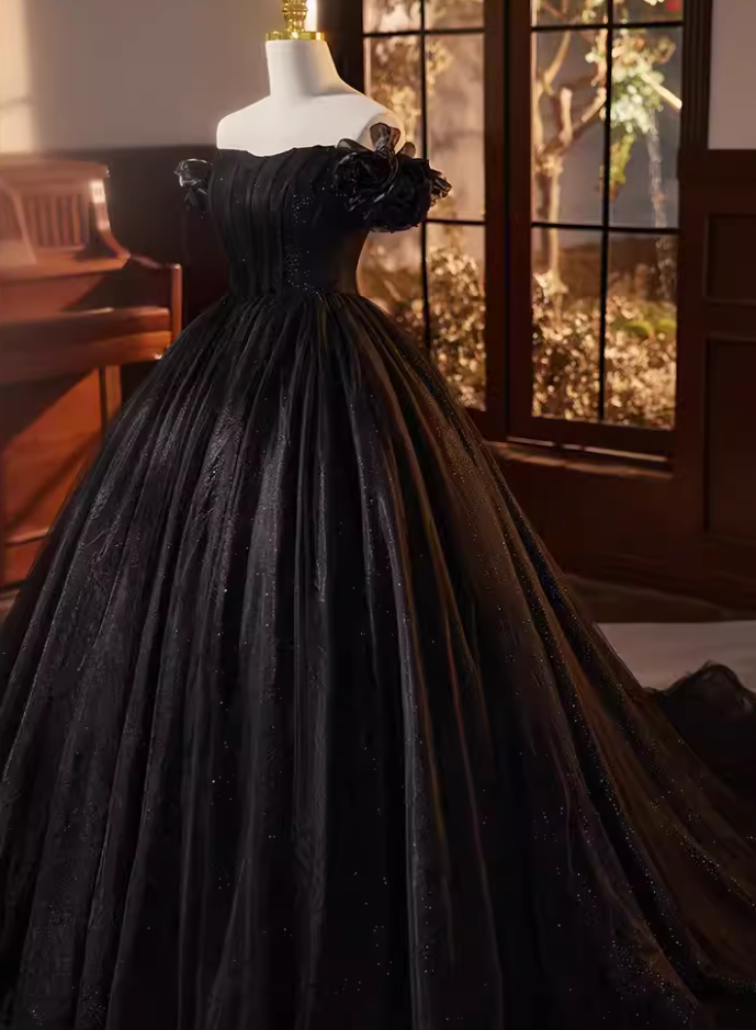 Fantastic A-Line Off-Shoulder Evening Gowns Handmade Flowers Black Tulle Prom Dress AP5687
