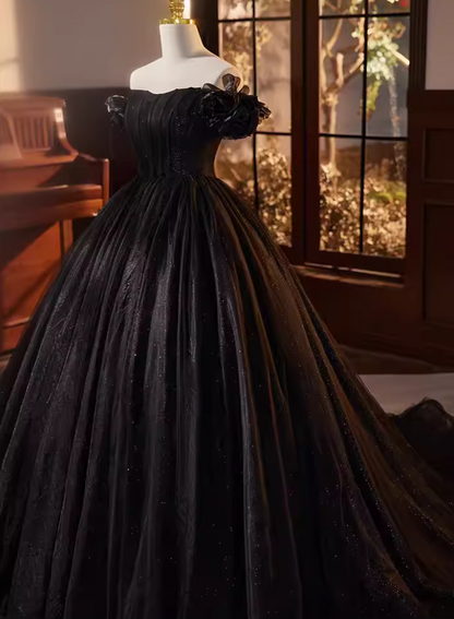 Fantastic A-Line Off-Shoulder Evening Gowns Handmade Flowers Black Tulle Prom Dress AP5687