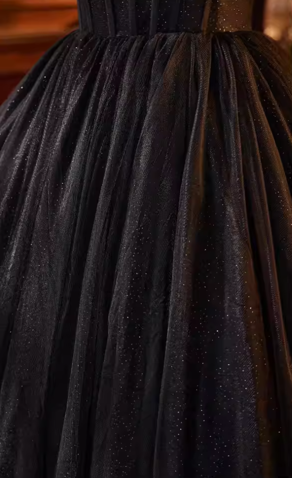 Fantastic A-Line Off-Shoulder Evening Gowns Handmade Flowers Black Tulle Prom Dress AP5687